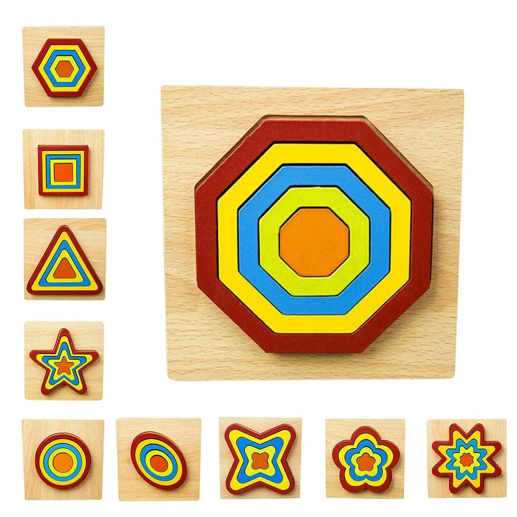10 Colorful Geometrical Shape Wooden Puzzle Toy MAS KIDZ
