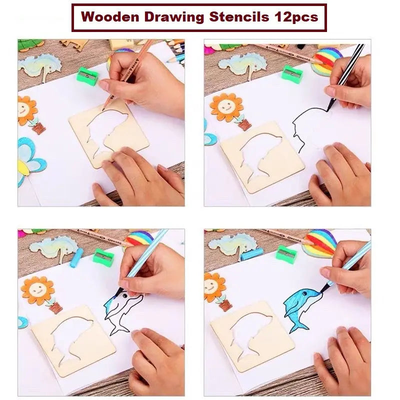 Wooden Stencils Drawing Kit 12 pieces character in plastic packing 90009 Maskidz