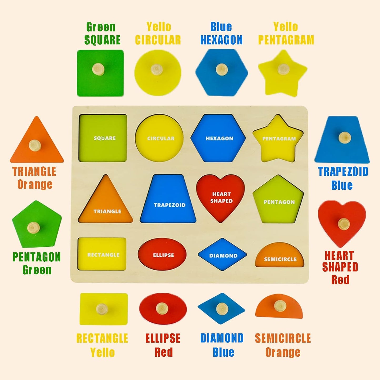 Wooden 12 Shape puzzle with nobe grip wooden pegged puzzle toy imported MAS KIDZ