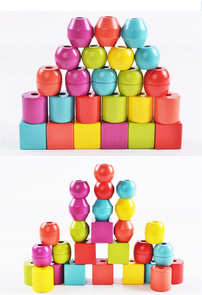 Shape Building Blocks Available rope connection wooden lacing toy DN-401