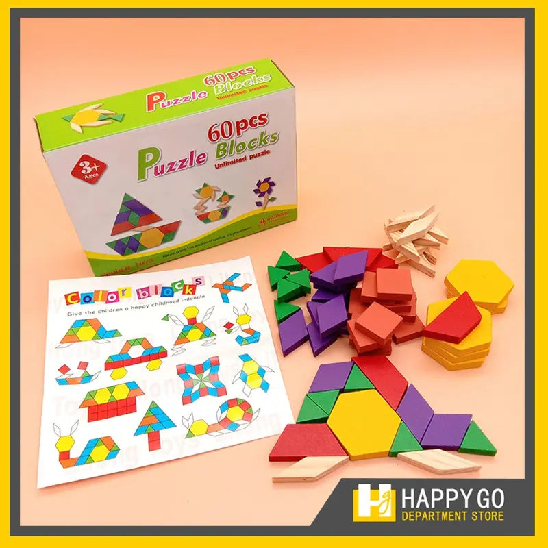60 Pieces Puzzle Blocks Wooden Toys Tangrams Puzzles Small Size MAS KIDZ