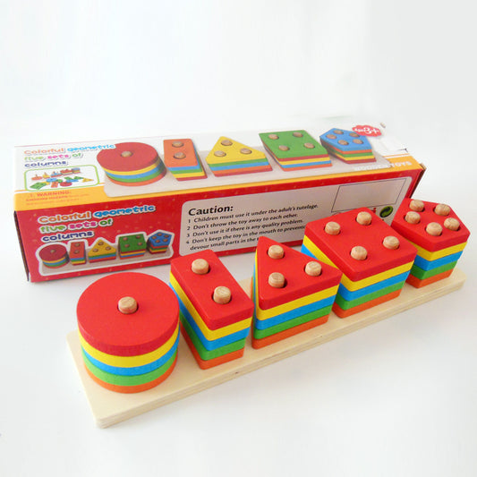 Colorful Geometric five sets of Columns wooden Toy Shapes Sorter