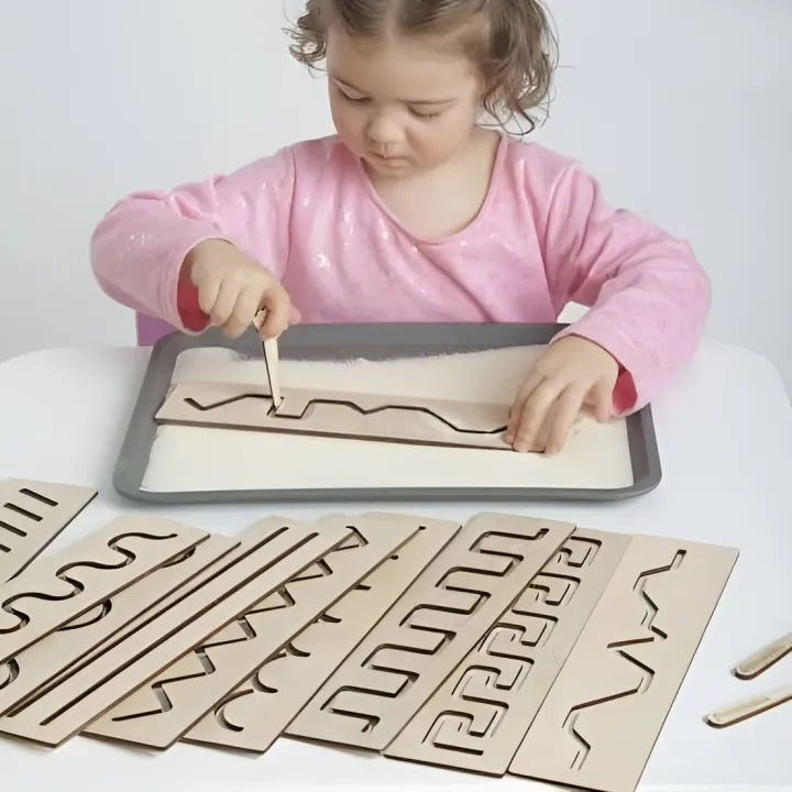 Montessori Wooden Stencil Board for Kids Zig Zag Wavy Straight Lines Tracing Stencil Set