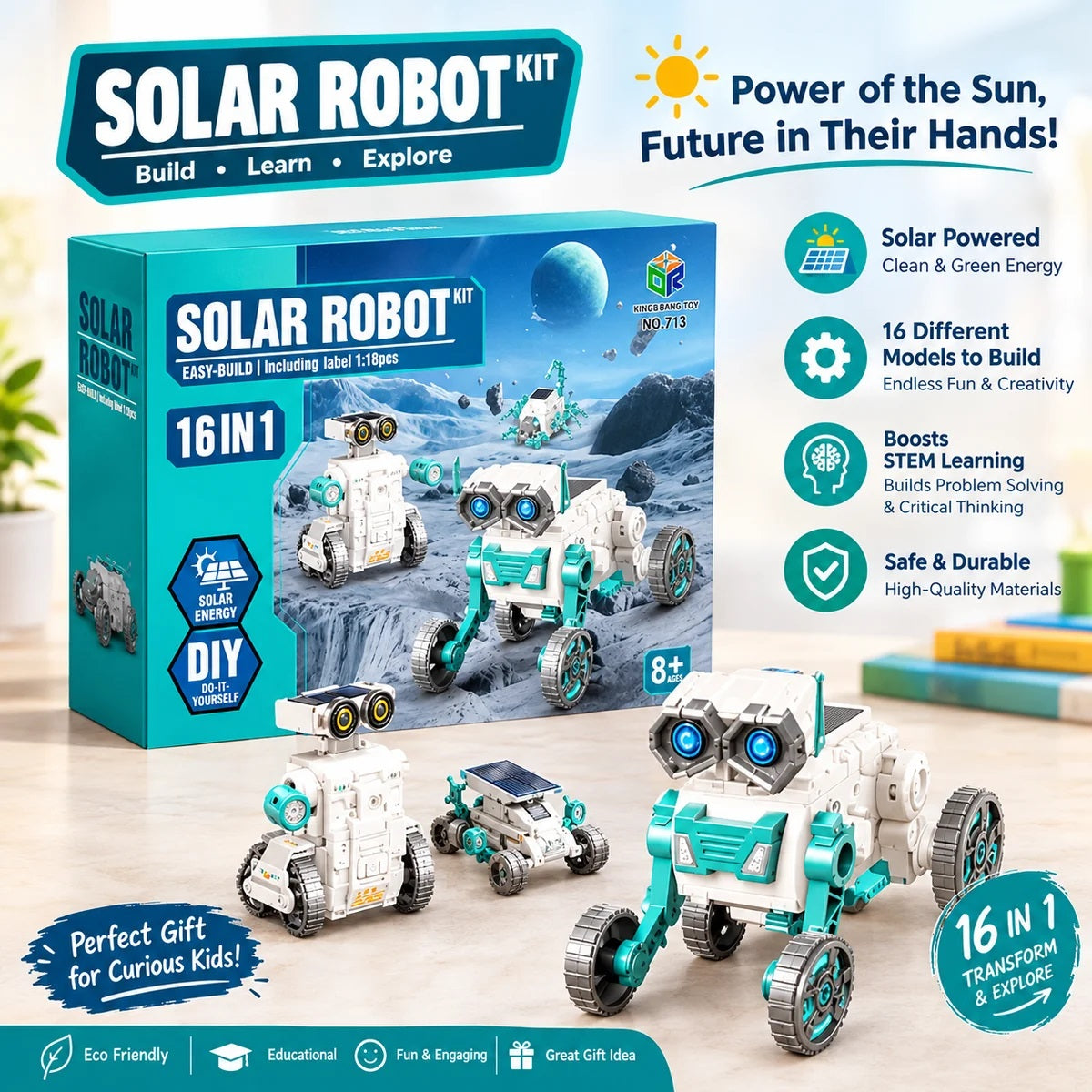Kids building and playing with 16 in 1 solar robot STEM construction kit