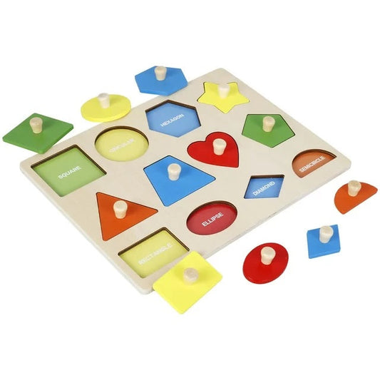Wooden 12 Shape puzzle with nobe grip wooden pegged puzzle toy imported MAS KIDZ