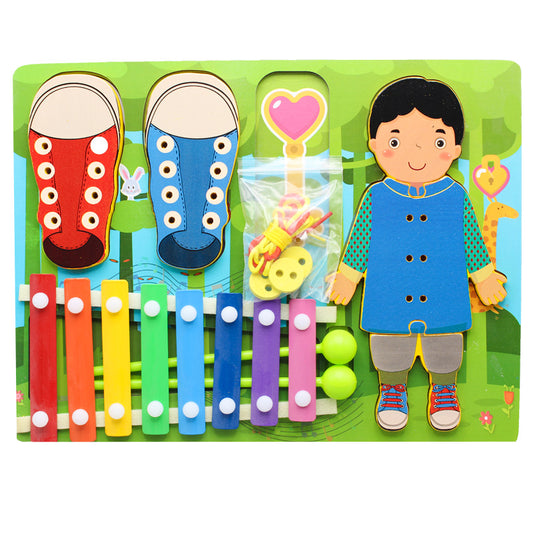 Percussion Threading Wooden Board 4 in 1 activity game Xylophone, Shoe Lacing, Button Lacing Puzzle Desktop Pinball Game