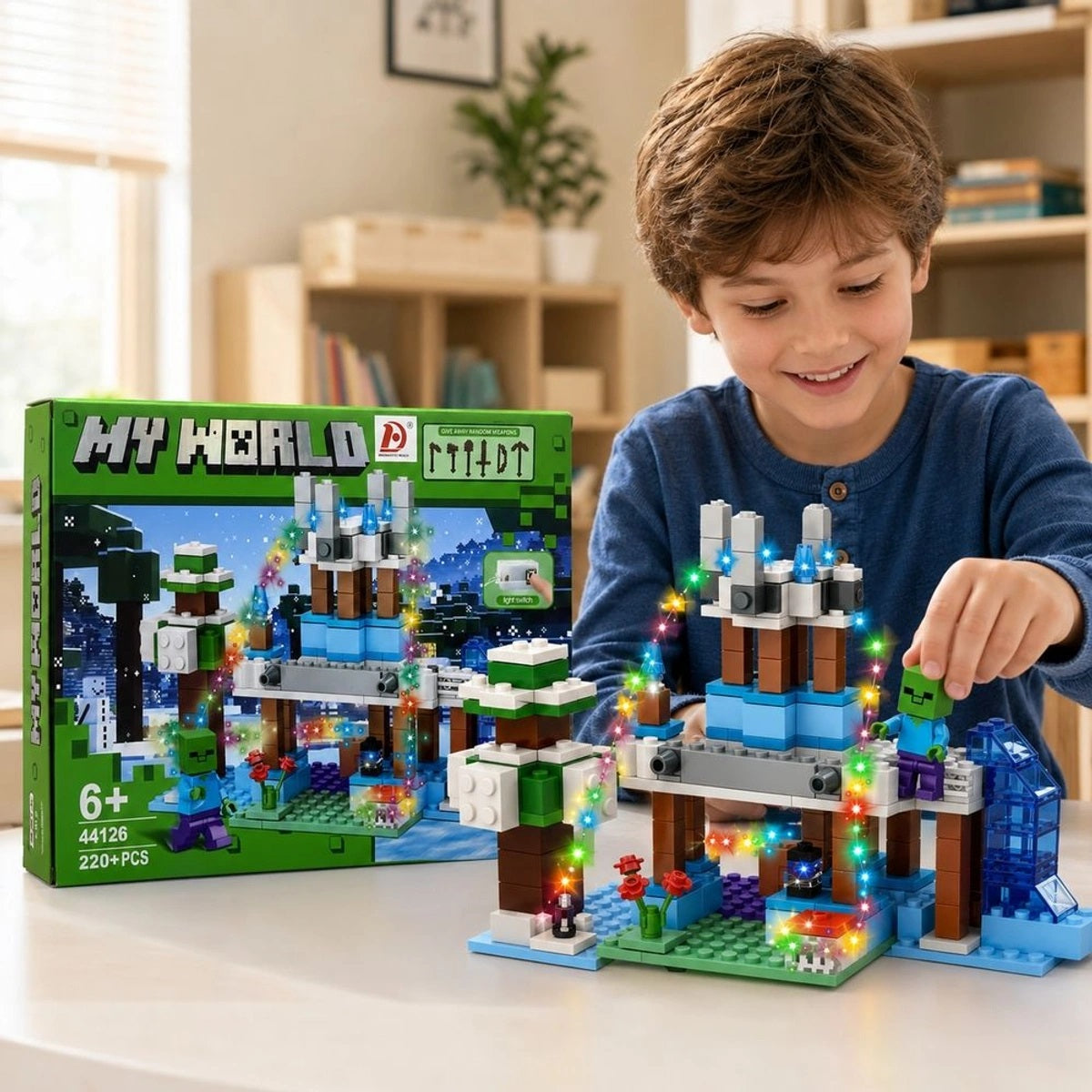 Minecraft-inspired 220-piece light-up building blocks set with winter castle and character