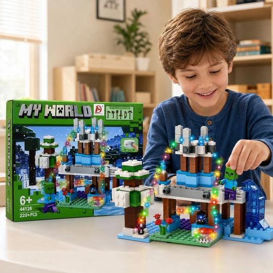 Minecraft-inspired 220-piece light-up building blocks set with winter castle and character