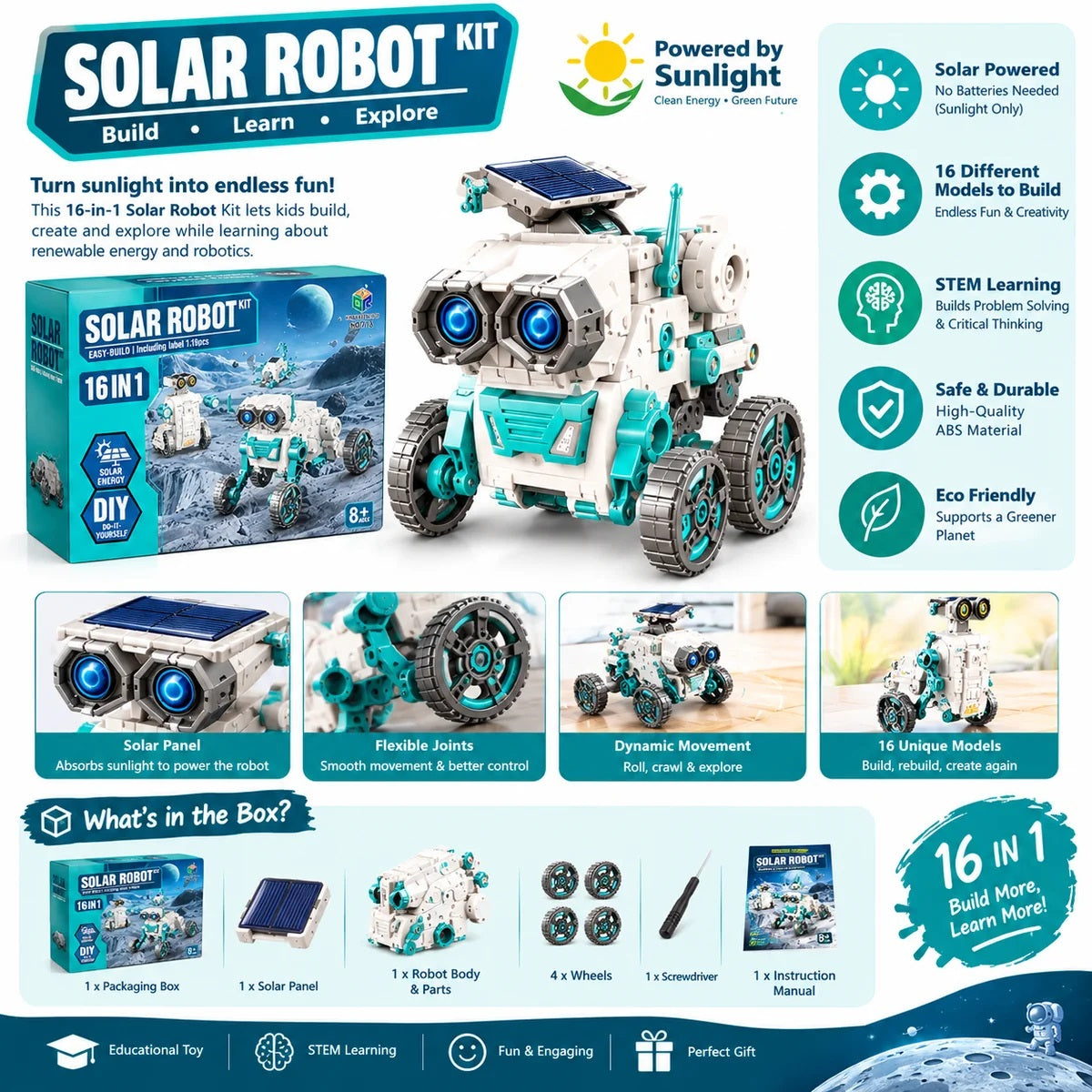 16-in-1 Solar Robot Kit No 713– DIY STEM Educational Building Toy for Kids 8+