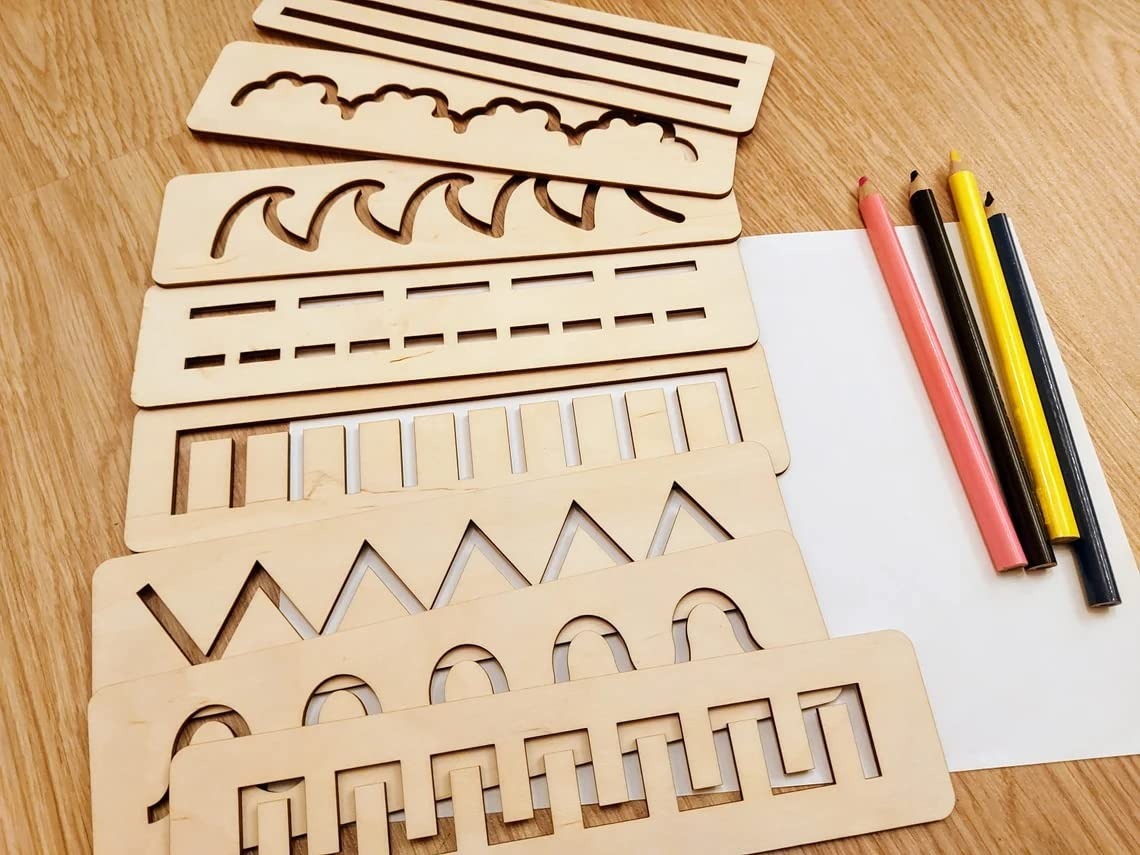 Montessori Wooden Stencil Board for Kids Zig Zag Wavy Straight Lines Tracing Stencil Set