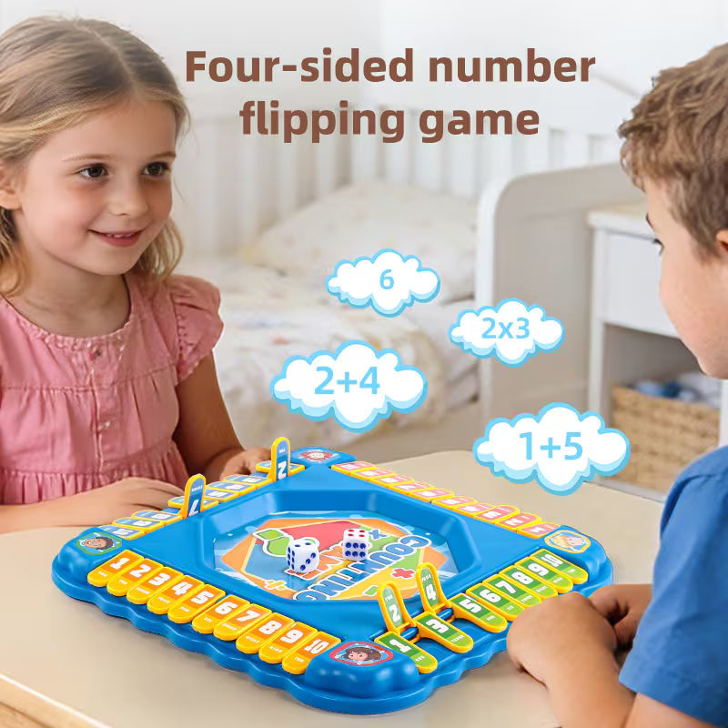 Puzzle number flip counting game board with numbered tiles and dice for kids
