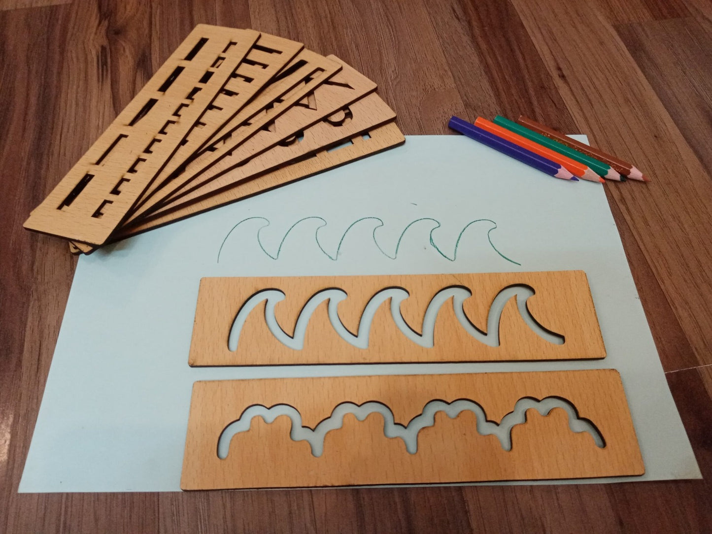 Montessori Wooden Stencil Board for Kids Zig Zag Wavy Straight Lines Tracing Stencil Set