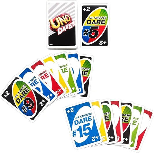 UNO Dare card game box showing 112 cards and family show-off daredevil categories