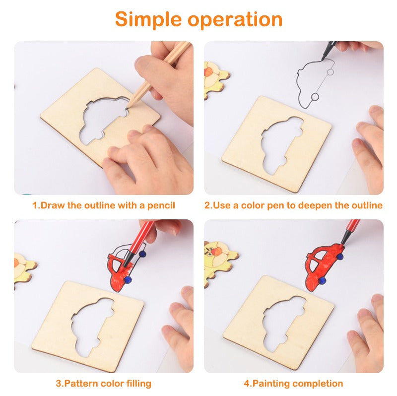 Wooden Stencils Drawing Kit 12 pieces character in plastic packing 90009