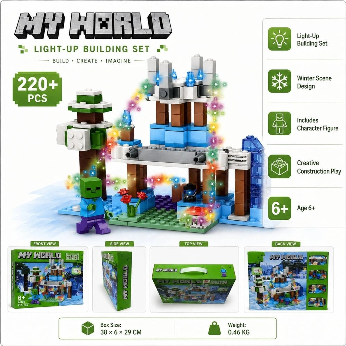 44126 My World 220+ piece Minecraft-inspired light-up building set with winter castle design 