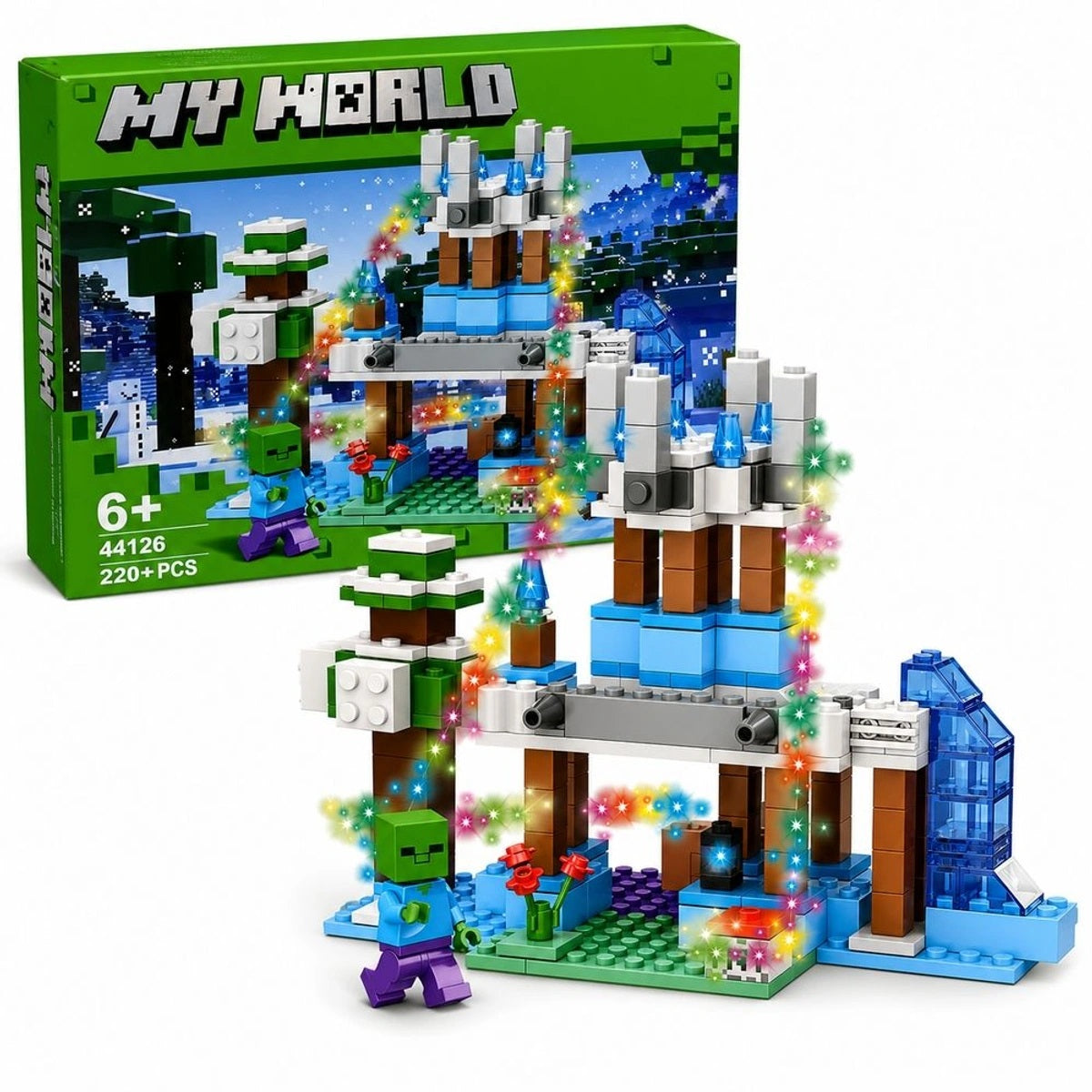 Minecraft-style building blocks with light-up winter castle and character figure