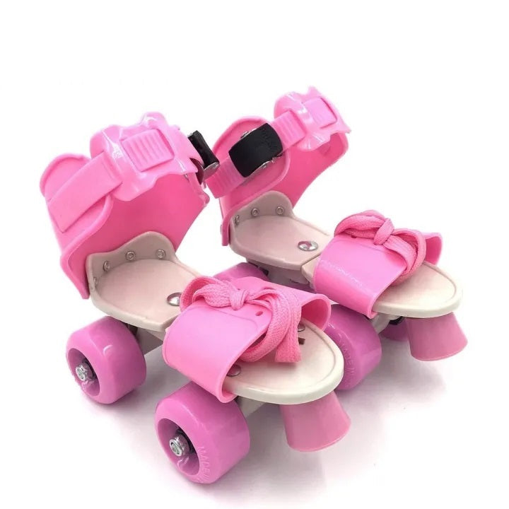 Adjustable Beginner Quad Roller Skates for Kids – 2 Rows 4-Wheel Training Skates with Safety Straps