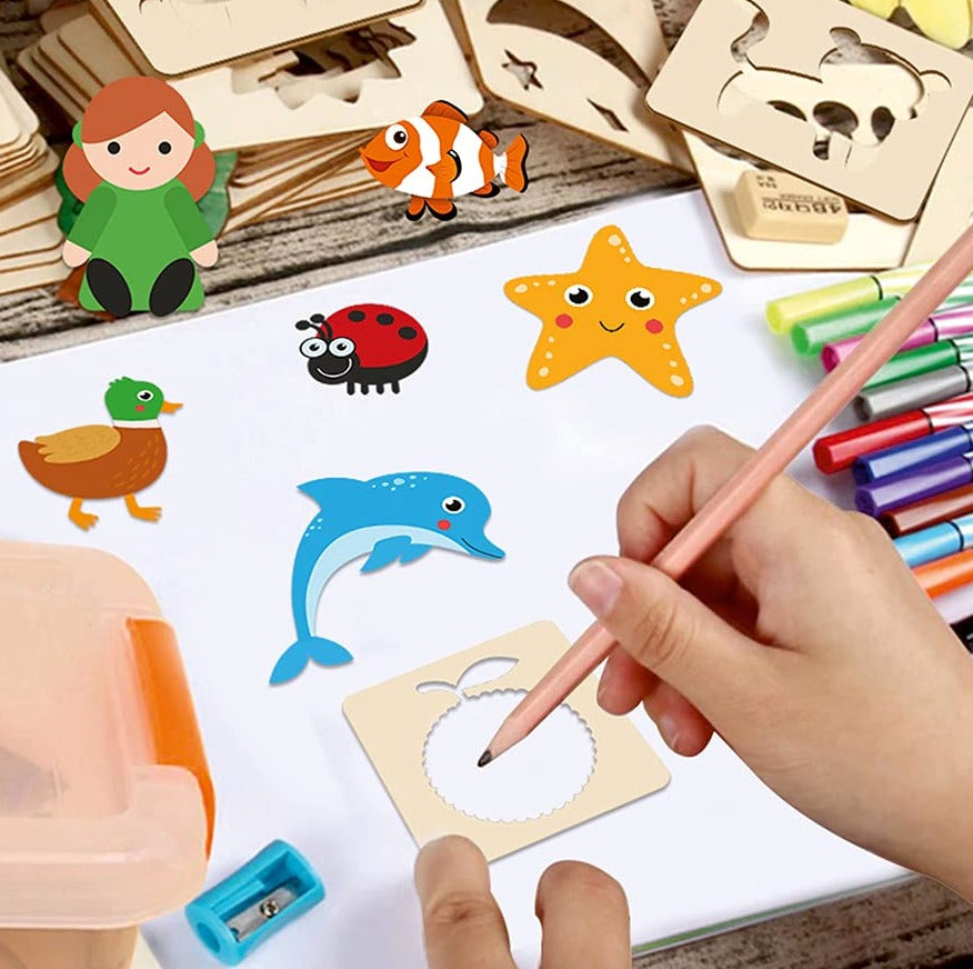 Wooden Stencils Drawing Kit 12 pieces character in plastic packing 90009