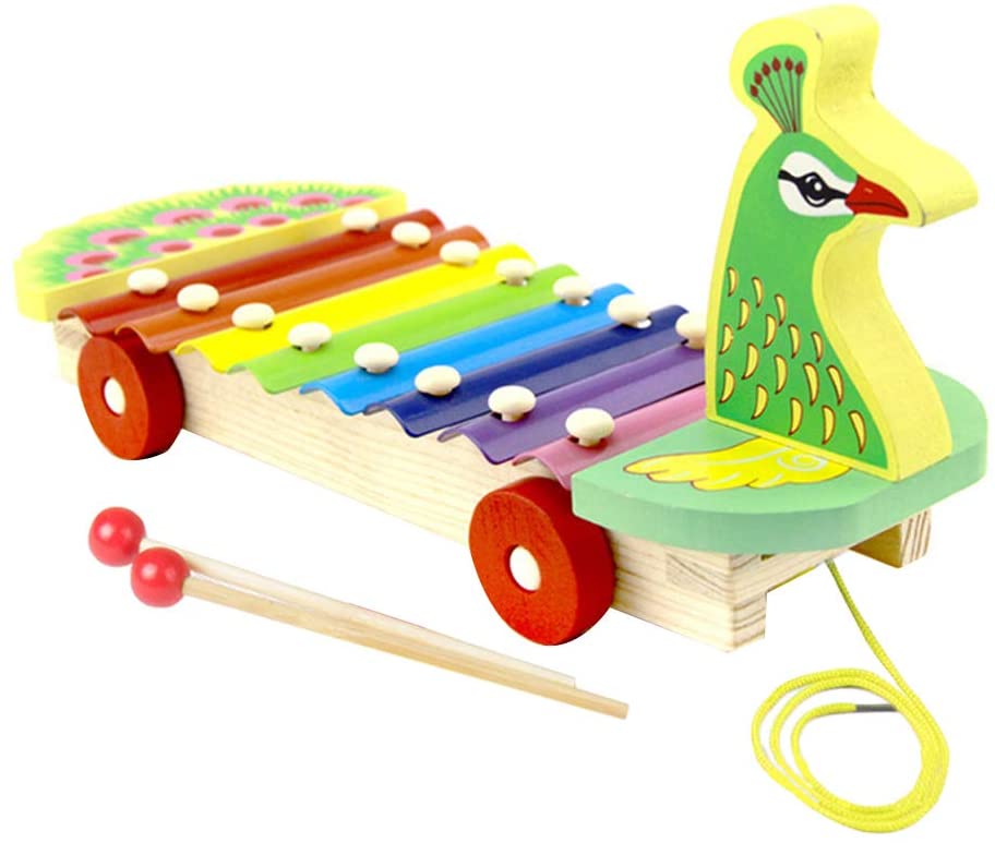 Peacock knock qin wooden xylophone with pull along rope