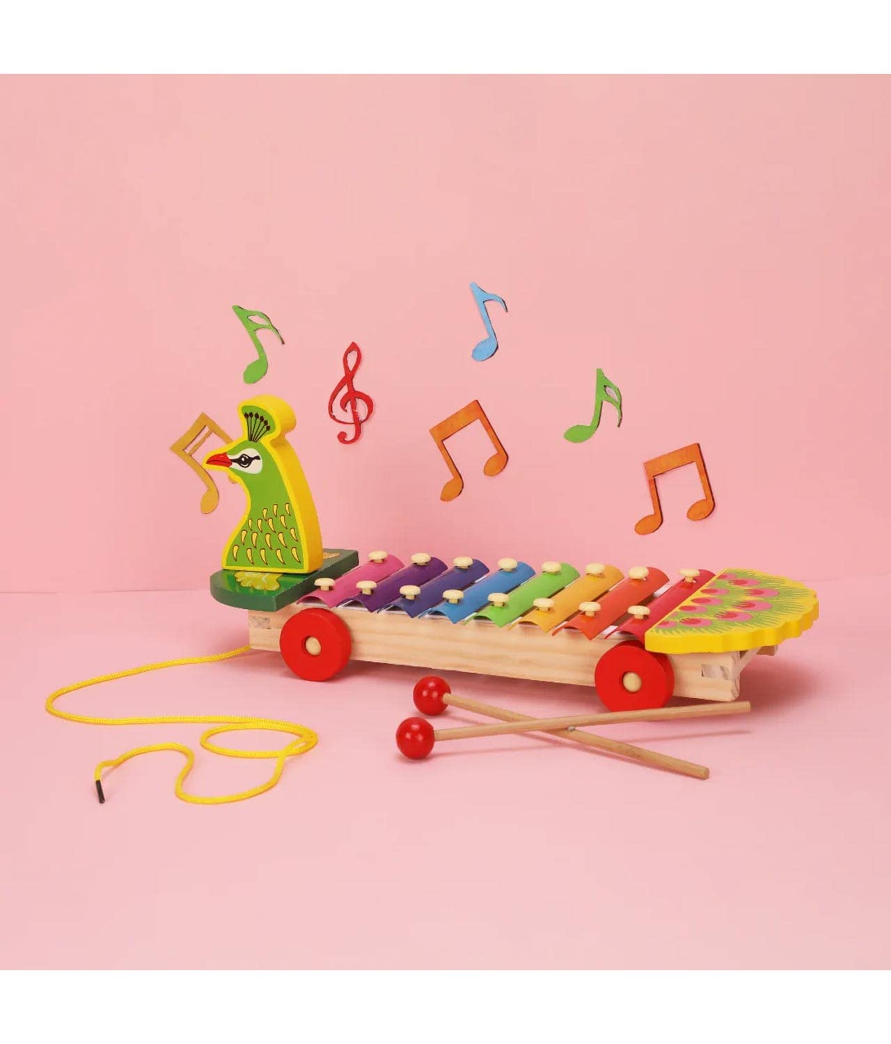 Peacock knock qin wooden xylophone with pull along rope