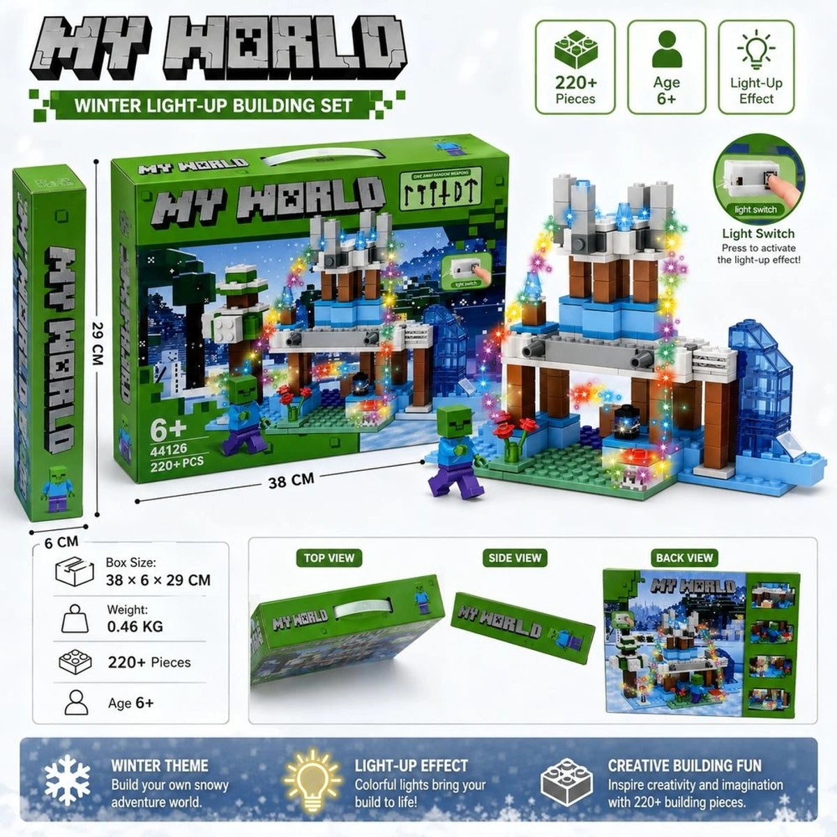 44126 My World Minecraft 220 pieces Minecraft-Inspired Light-Up Building Blocks Set| Winter Castle Construction Toy for Kids