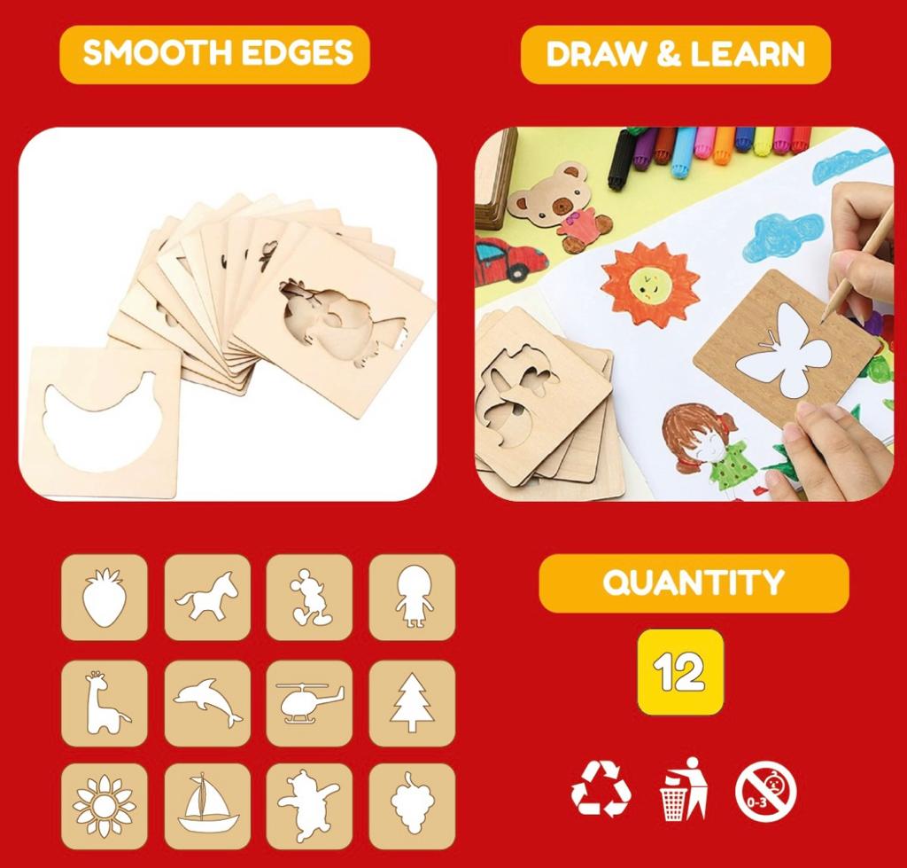 Wooden Stencils Drawing Kit 12 pieces character in plastic packing 90009