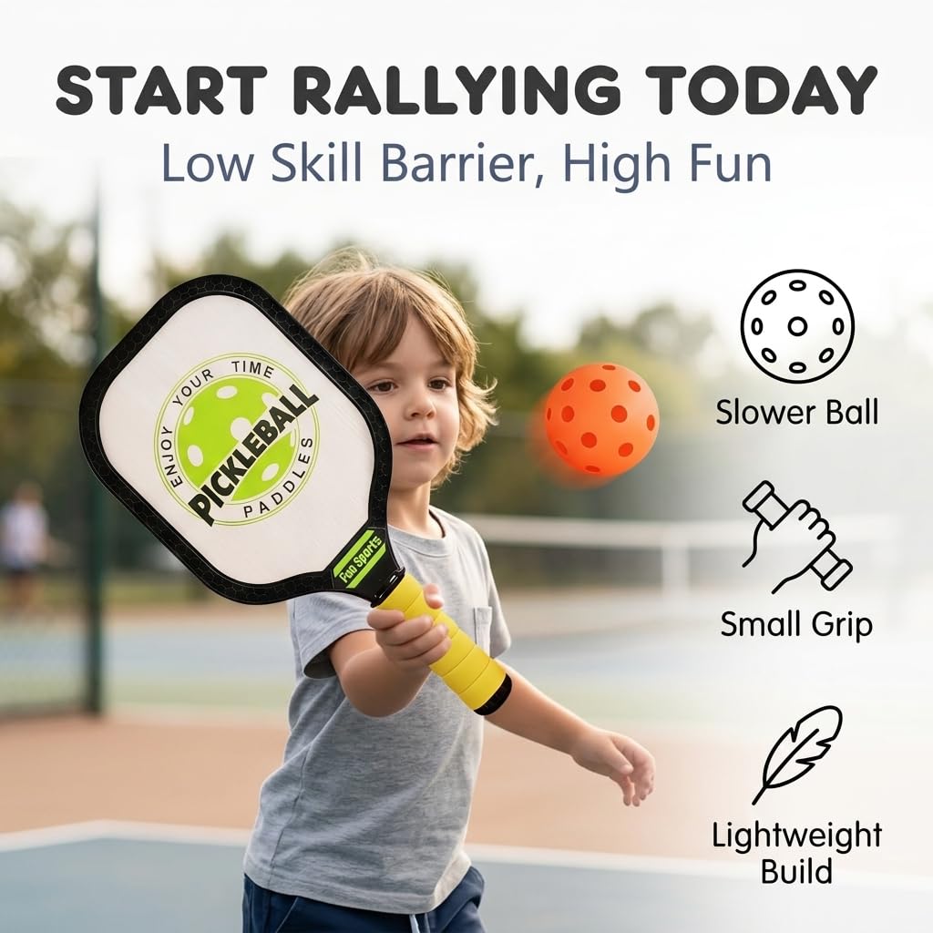 Kids playing pickleball with paddle set outdoors on a sports court