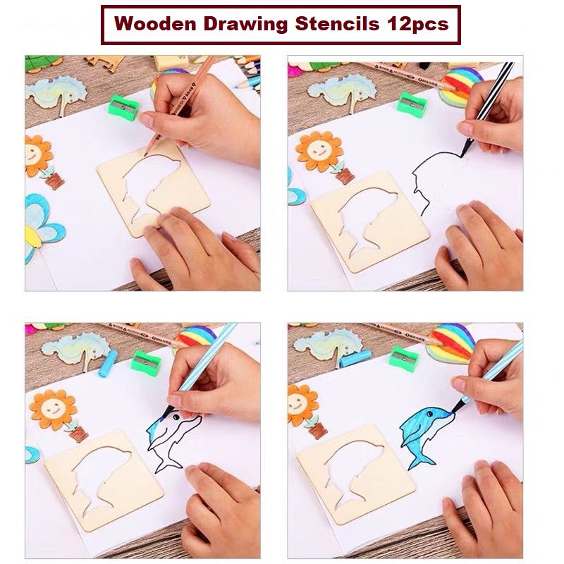 Wooden Stencils Drawing Kit 12 pieces character in plastic packing 90009