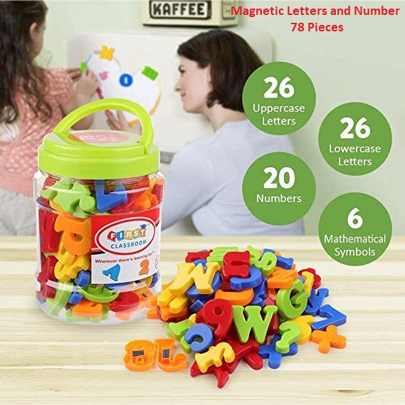 Magnetic Letters Numbers and symbol for Kids 78 pieces Fridge Magnets Alphabet Colorful Plastic ABC 123 in jar Educational Toy Set