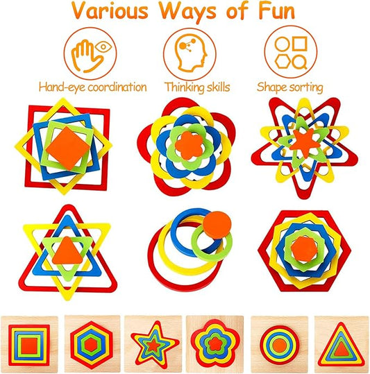 10 Colorful Geometrical Shape Wooden Puzzle Toy MAS KIDZ