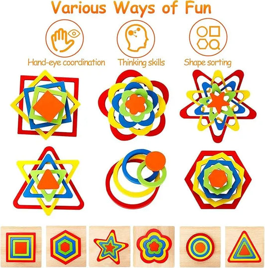 10 Colorful Geometrical Shape Wooden Puzzle Toy MAS KIDZ