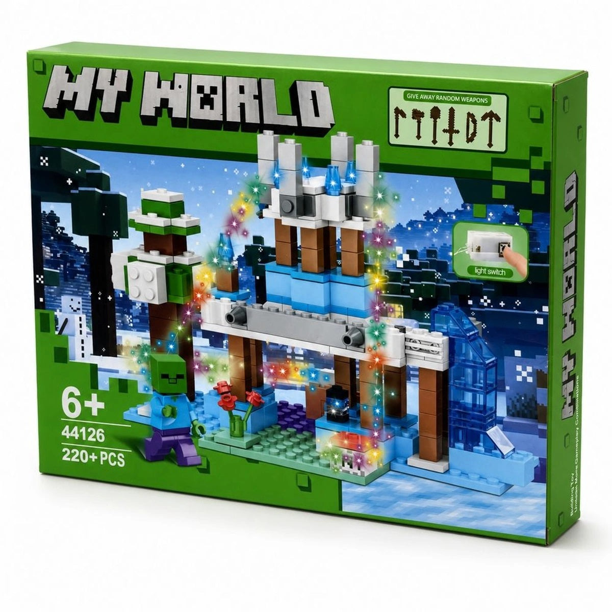Light-up Minecraft-inspired winter building set with castle, trees and character