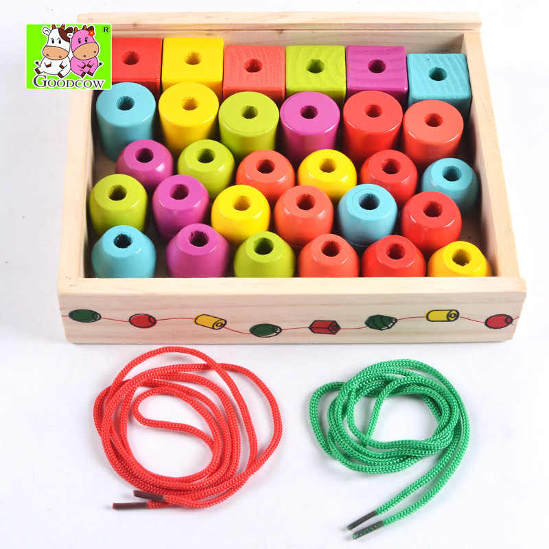 Shape Building Blocks Available rope connection wooden lacing toy DN-401
