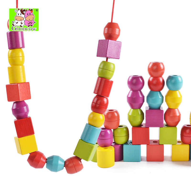 Shape Building Blocks Available rope connection wooden lacing toy DN-401
