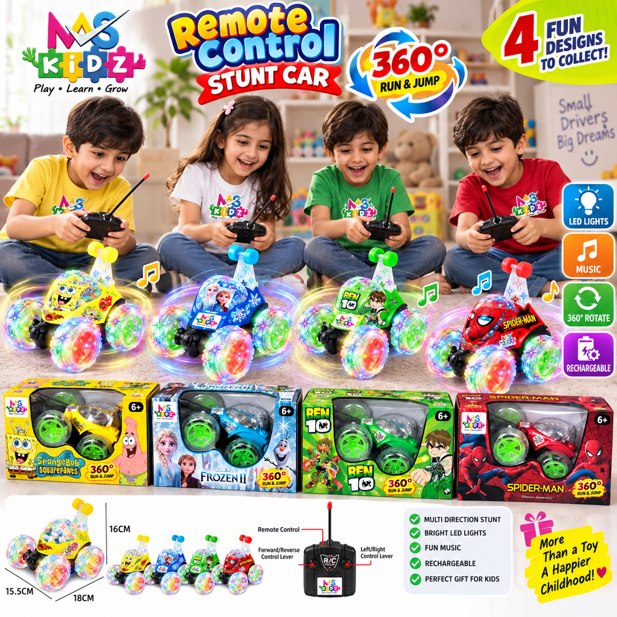 Remote Control Stunt Car 360° Rotating LED Light & Music Rechargeable RC Car for Kids