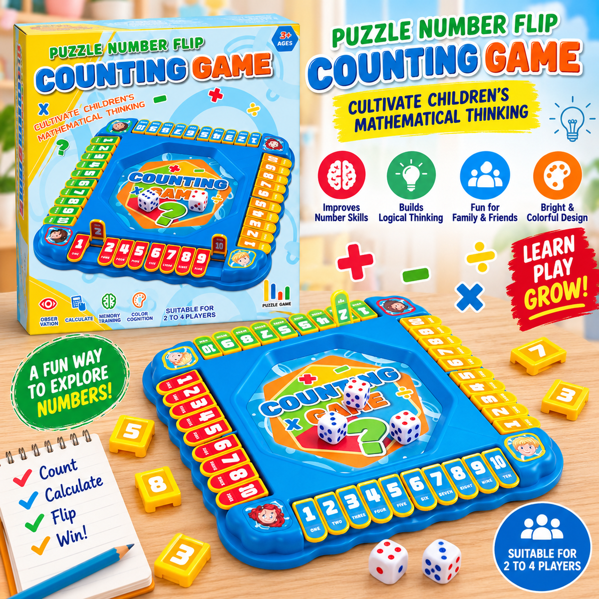 Kids math learning board game with counting and number recognition activities