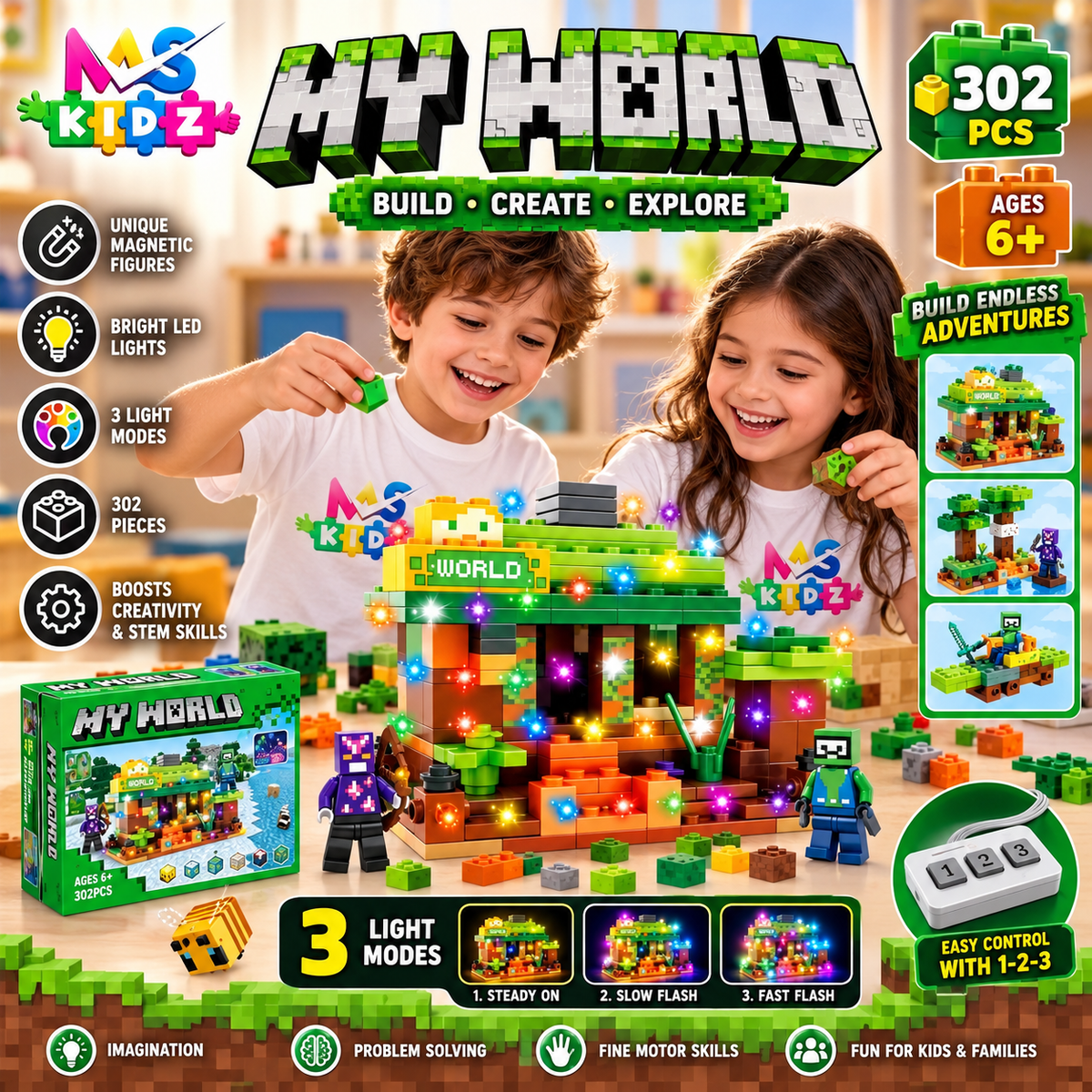 Minecraft-inspired MY WORLD 302 pcs building blocks set with colorful LED lights and magnetic figures for kids 6+ – MAS KIDZ