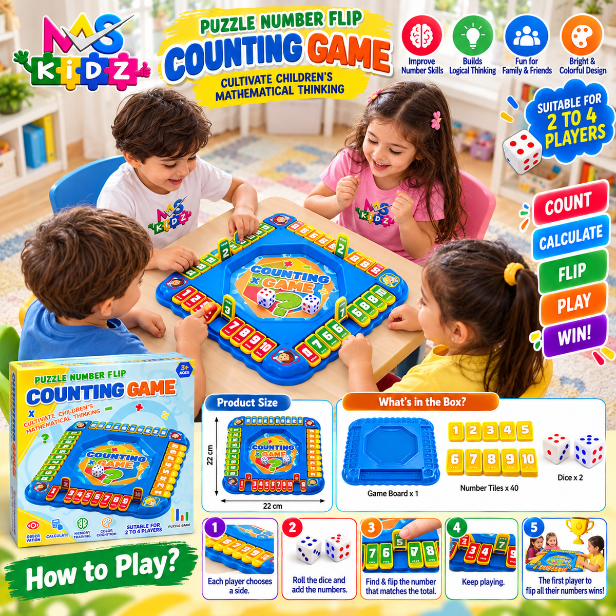 Kids counting number flip board game with four children playing, educational math toy for ages 3+