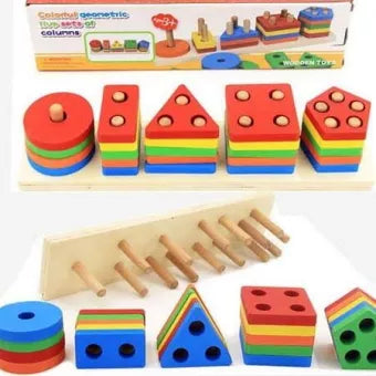 Colorful Geometric five sets of Columns wooden Toy Shapes Sorter