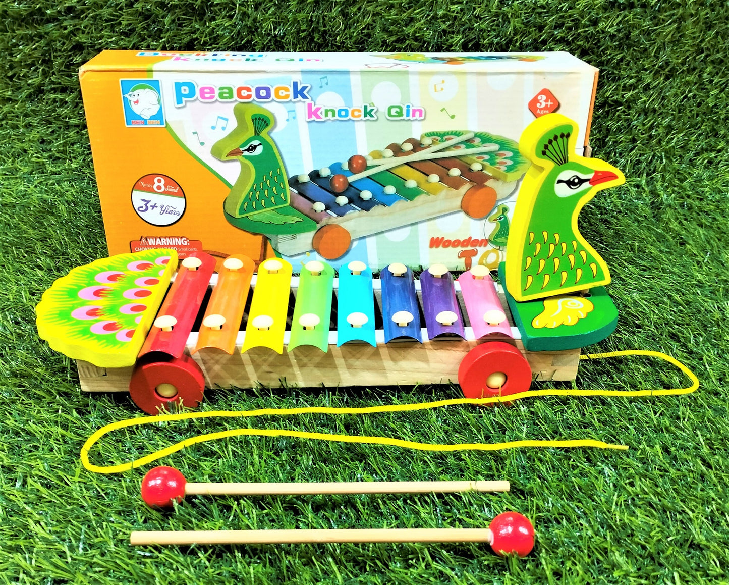 Peacock knock qin wooden xylophone with pull along rope