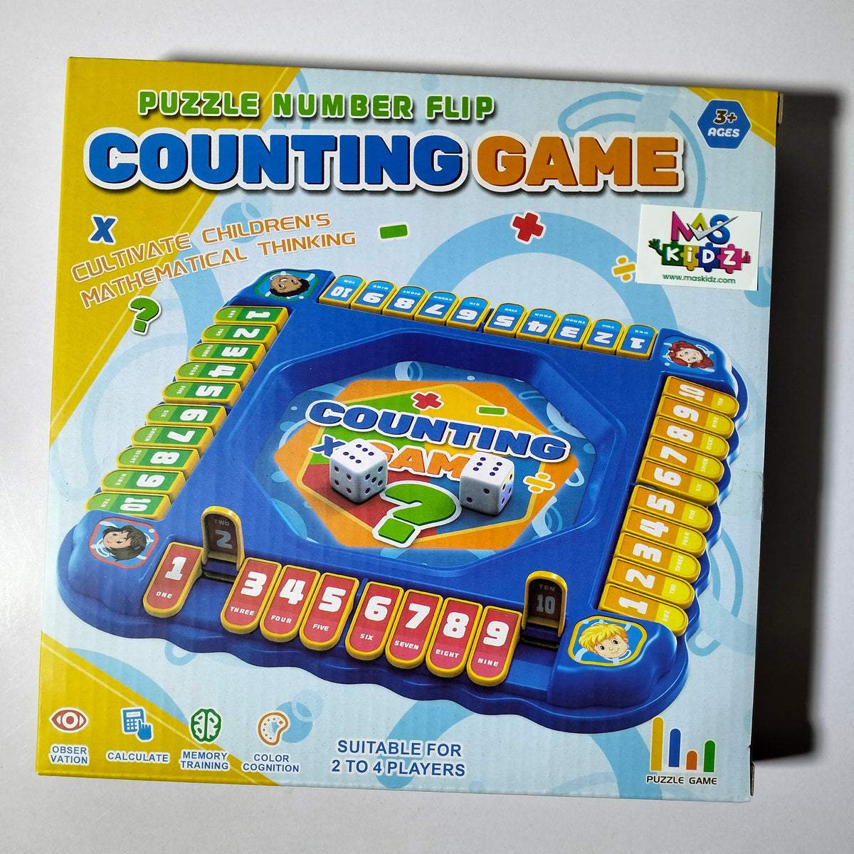 Four children playing kids counting board game with number flip tiles