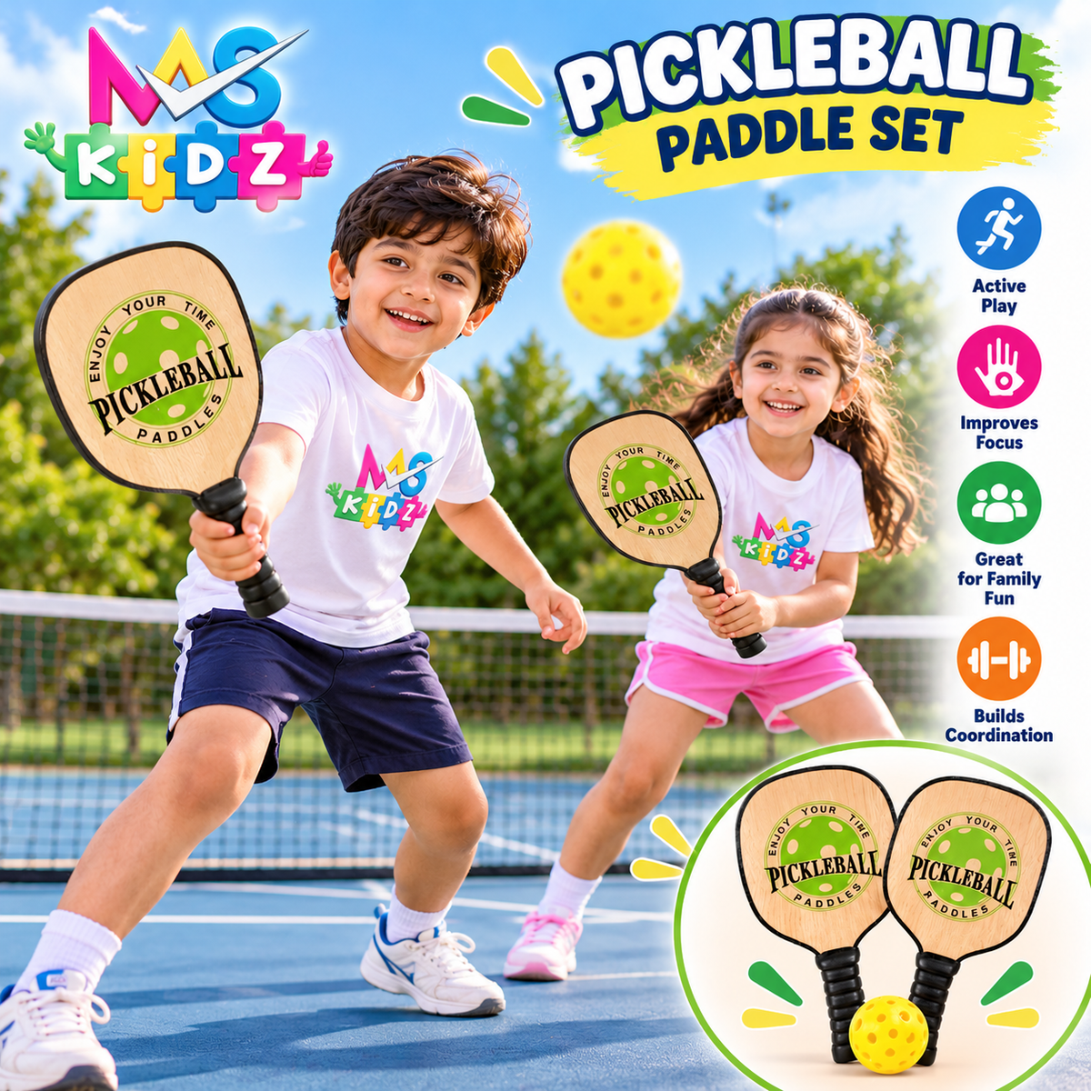 Kids pickleball paddle set with 2 paddles and ball for outdoor sports play