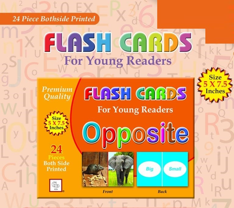 Premium Flash Cards for Young Readers 12 different flash card ABC, abc, 123, alif bai pai, Fruits, Vegetables, Animals, Shapes and Colors, Action, Occupations, Opposites, Transport (24-40 Cards Each) PACK OF 12 FLASH CARD AVAILABLE IN DISCOUNTED PRICE