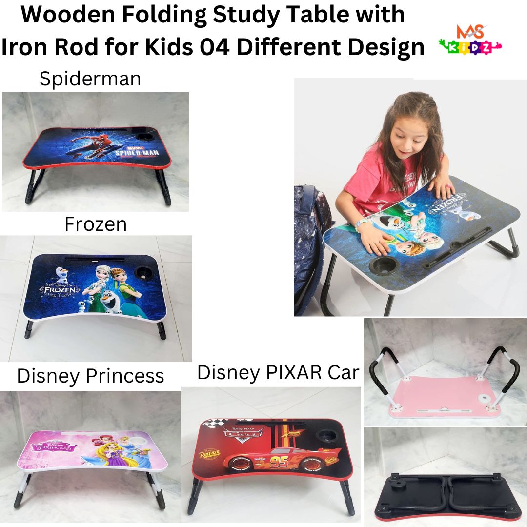 Wooden Folding Study Table / Laptop Table for Kids - 4 Designs (Spider-Man, Frozen, Princess, Cars)