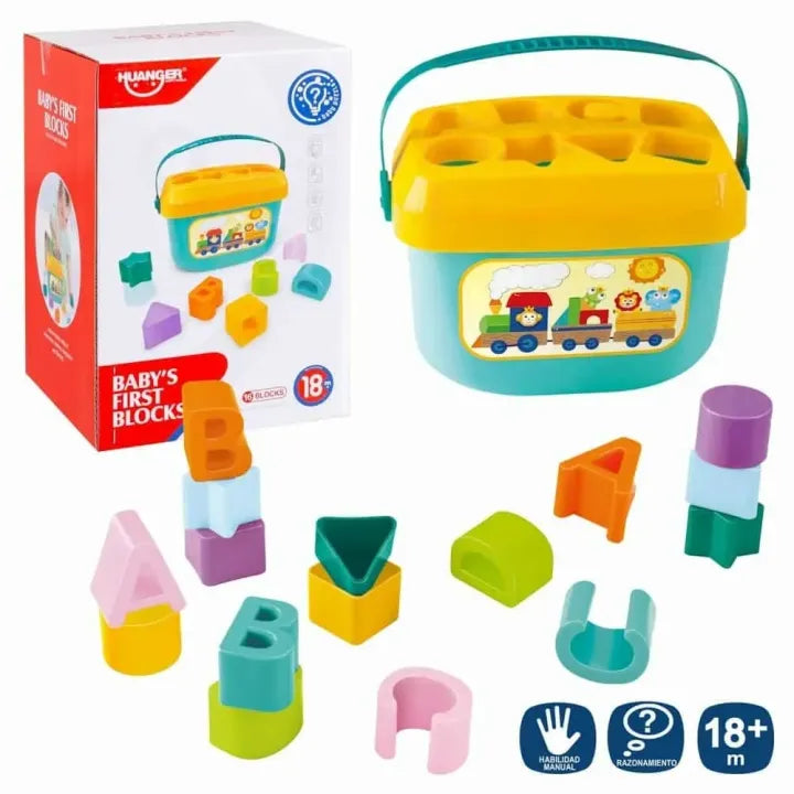 Baby shape sorter bucket toy with 16 educational blocks