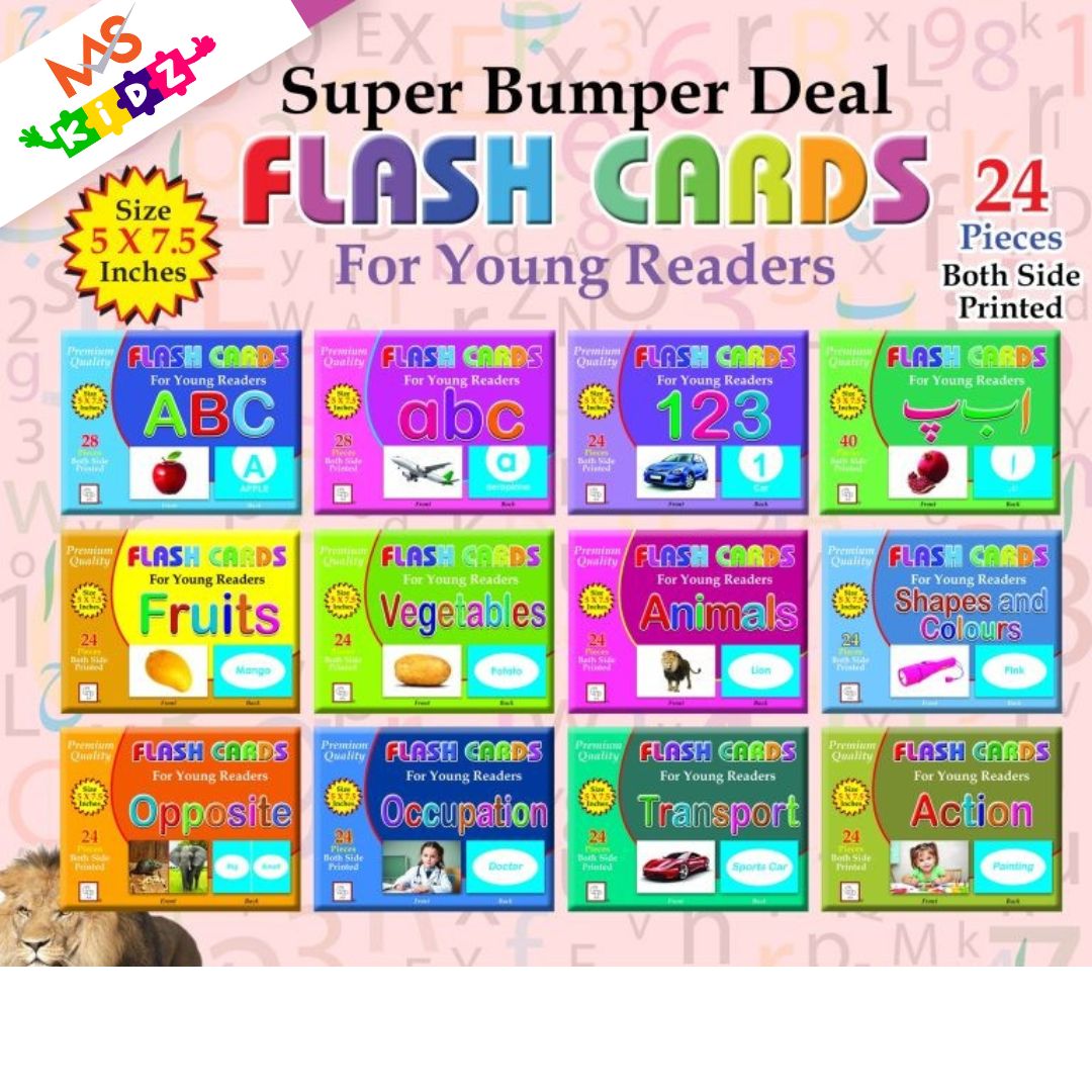 Premium Flash Cards for Young Readers 12 different flash card ABC, abc, 123, alif bai pai, Fruits, Vegetables, Animals, Shapes and Colors, Action, Occupations, Opposites, Transport (24-40 Cards Each) PACK OF 12 FLASH CARD AVAILABLE IN DISCOUNTED PRICE