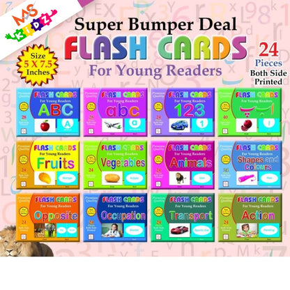 Premium Flash Cards for Young Readers 12 different flash card ABC, abc, 123, alif bai pai, Fruits, Vegetables, Animals, Shapes and Colors, Action, Occupations, Opposites, Transport (24-40 Cards Each) PACK OF 12 FLASH CARD AVAILABLE IN DISCOUNTED PRICE