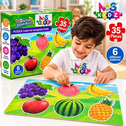35 piece fruit jigsaw puzzle for kids with child assembling colorful fruit puzzle and puzzle box