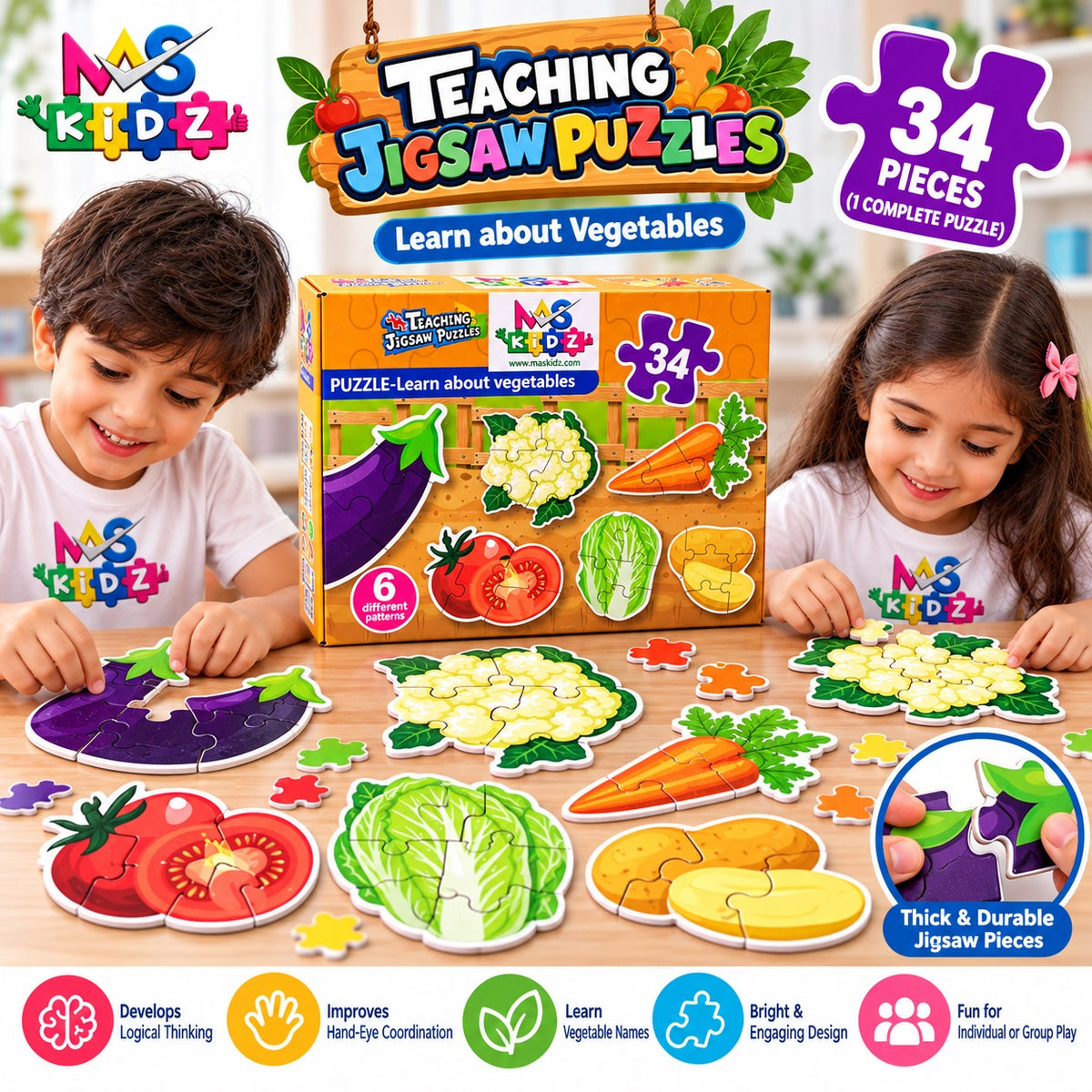 34 piece vegetable jigsaw puzzle for kids by MAS KIDZ, one complete educational puzzle