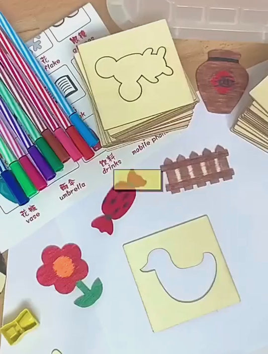 Wooden Stencils Drawing Kit 12 pieces character in plastic packing 90009